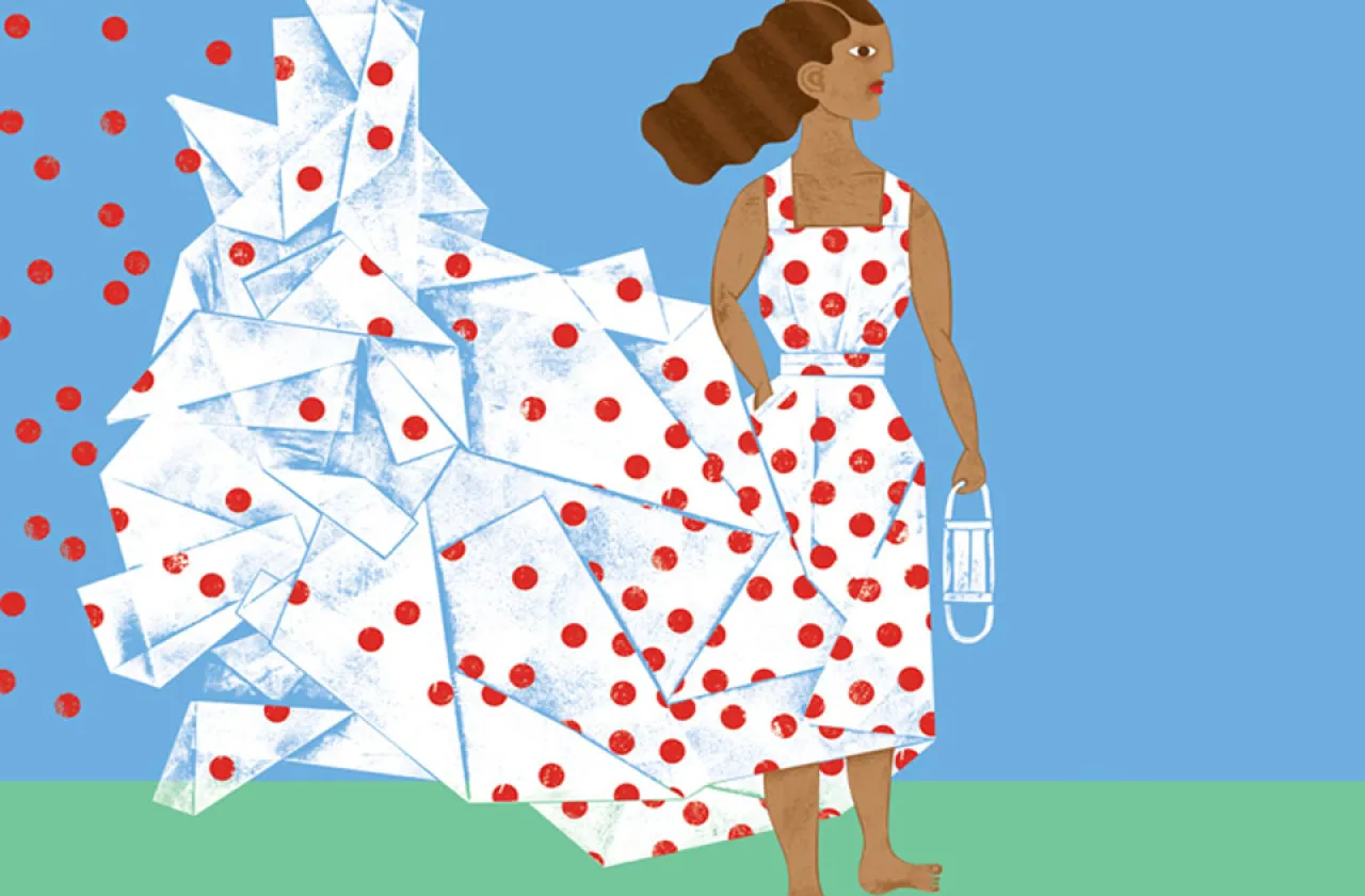 Illustration of a person of color in a white dress covered in red dots. The red dots continue up into the air.