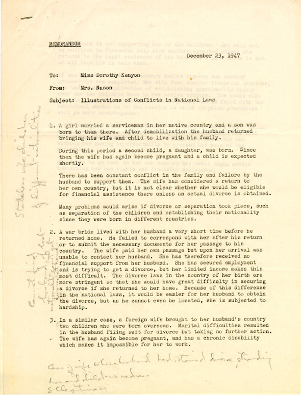 Memorandum to Miss Dorothy Kenyon from Mrs. Nason on Illustrations of Conflicts in National Laws