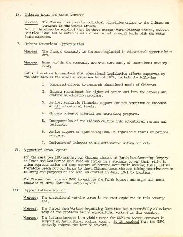 National  Women's Political Caucus (NWPC) Convention, Chicana Caucus Resolutions, February 9-11, 1973, page 2
