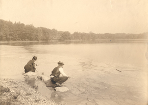 Ellen Swallow Richards gathering the scum on Jamaca Pond, Boston, Ma., 1901