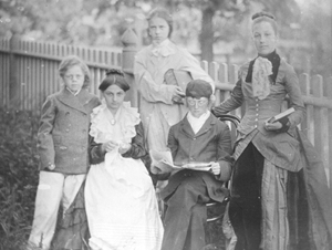 "The Quier Kyds" in their play based on Lucretia Hale's Peterkin Papers, June 1899. Left to right:  Meril Bevin, Avis Danforth as Mrs. Peterkin, Eleanor Upton as Agamennon, Ernest Bevan as Mr. Peterkin, and Margaret Upton as Solomon.