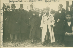 Officials entering Constantinople, 1922. Individuals identified, from left:  Adnem Bey, Halide Hanoum, Refet Pasha