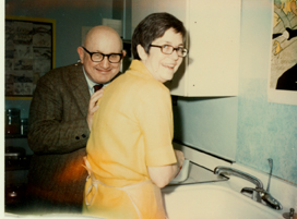 Carel and Bill Germain "in the kitchen-- where else?...our home on Beacon St., Boston," 1969