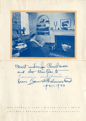 Christmas card showing Harriet Bliss Ford in Wilder House living room, 1931-1932