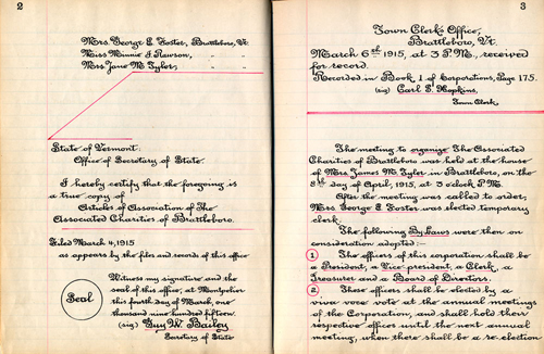 Pages from minute book of The Associated Charities of Brattleboro, Vermont, 1915