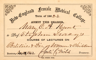 Mary Hunt's course card for "Obstetrics & Diseases of Women and Children," 1862