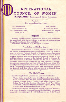 Flyer for International Council of Women  on objectives and history of the organization, 1950