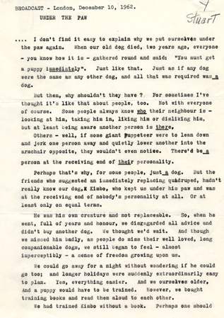 First page of "Under the Paw" radio broadcast, London, 1962