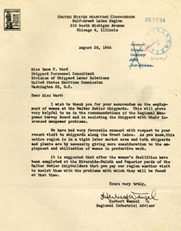 Letter to Emma Ward from Herbert Wenzel, regional Industrial Advisor, August 26, 1944