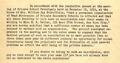 Section of letter to potential members of the newly-formed Headmistress's Association of the East, November 16, 1910