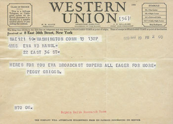 Telegram congratulating Eva Hansel for a broadcast, May 19 1939