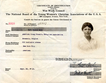 Kate Hillis Boyd's certificate of identification issued by the War Work Council of the YWCA, September 18, 1919
