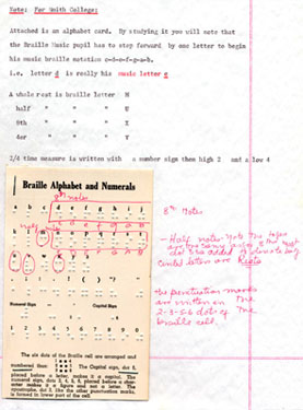 Notes for lecture to teacher training classes for the blind on the study of music notation in the Perkins' Lower School; given March 2, 1956