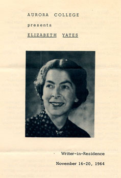 Flyer for Elizabeth Yates' visit as Writer-in-Residence at Aurora College, November 16-20, 1964