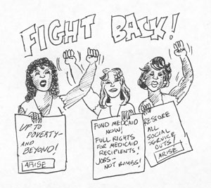 Drawing made for use in Arise for Social Justice publications and flyers, circa 1992. Artist unknown.
