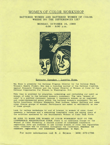 Flier for Women of Color Workshop with Loretta Ross as keynote speaker, 1989