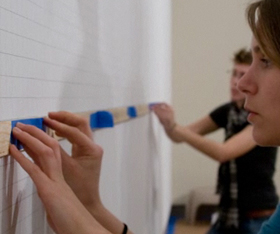 Smith students installing Wall Drawing #139 at the Museum of Art. Because each piece is site-specific and drawn by hand, each is different. Hear the museum's Aprile Gallant describe the process of producing a Sol LeWitt artwork.