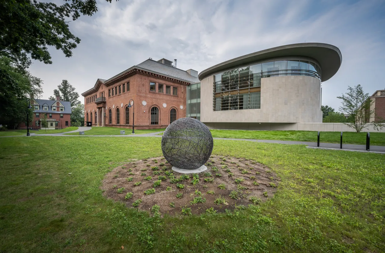 Neilson Library, east elevation with sculpture in foreground
