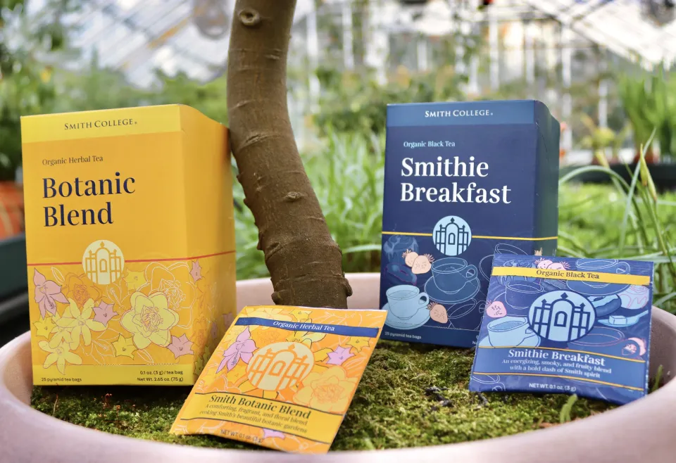 A yellow Smith Botanic Blend box and a blue Smithie Breakfast box against green moss in Lyman Conservatory