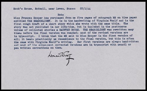 Leonard Woolf note to Frances Hooper