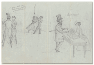 Drawing depicting women in the workplace, by male employee, 1849