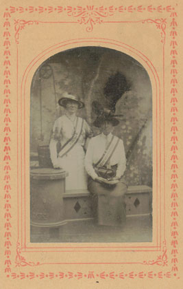 Isabella Mott and Eleanor Garrison in suffrage sashes, undated