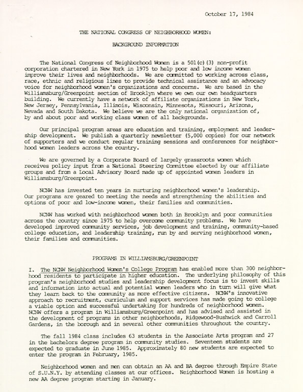 The National Congress of Neighborhood Women: Background Information, October 17, 1984,  page 1