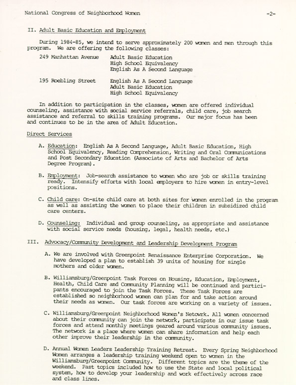 The National Congress of Neighborhood Women: Background Information, October 17, 1984,  page 2