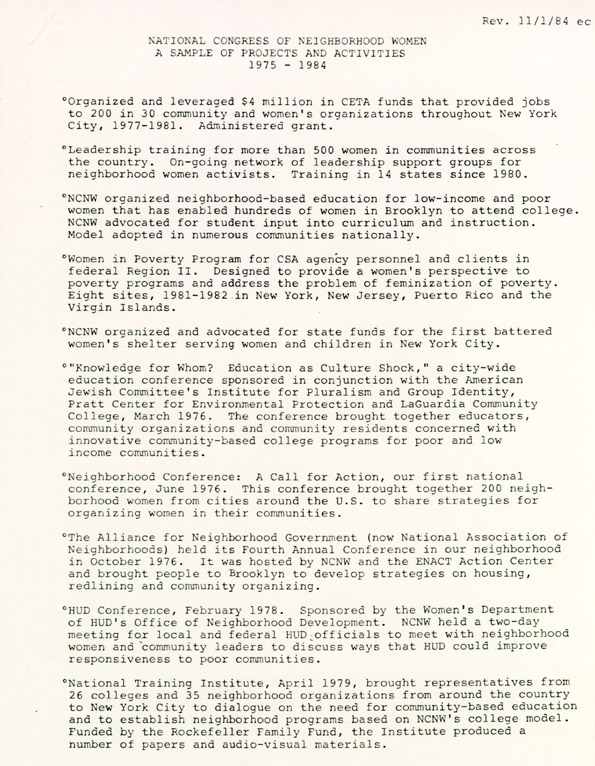 The National Congress of Neighborhood Women: Background Information, October 17, 1984,  page 4