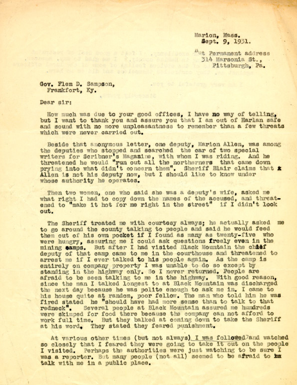 Letter to Govenor Flem D. Sampson, Sept. 9, 1931, page 1