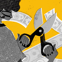 Illustration of scissors cutting paper money