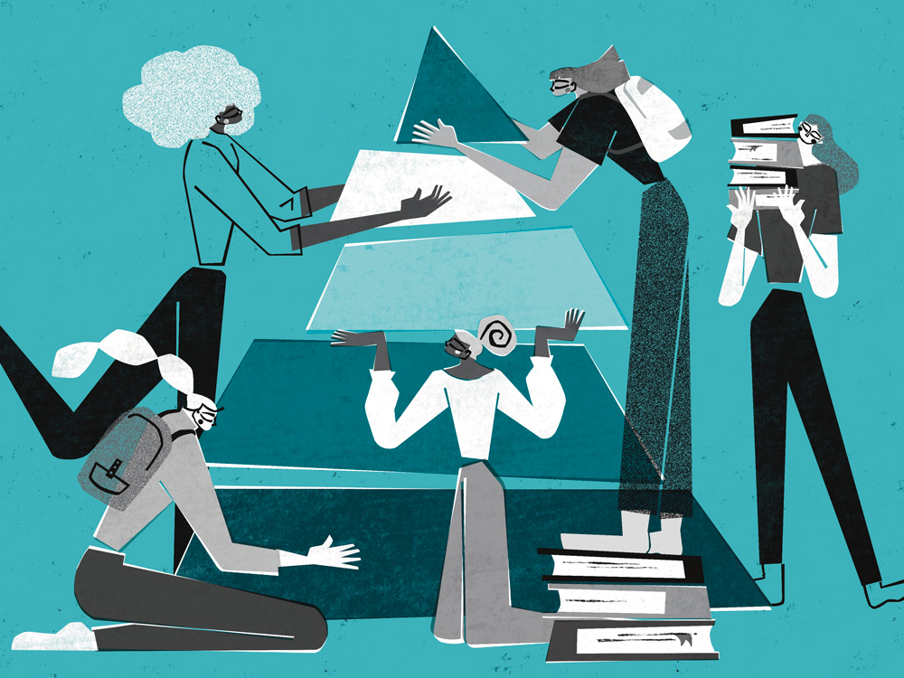 Illustration of people stacking a pyramid and carrying books