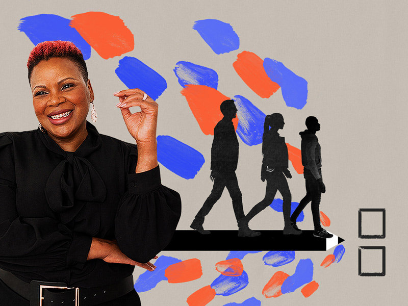 Cut out of Katrina Gamble photo against a painting of three black silhouettes walking along a pencil toward two empty check boxes. Behind them all are blue and red paint blots.