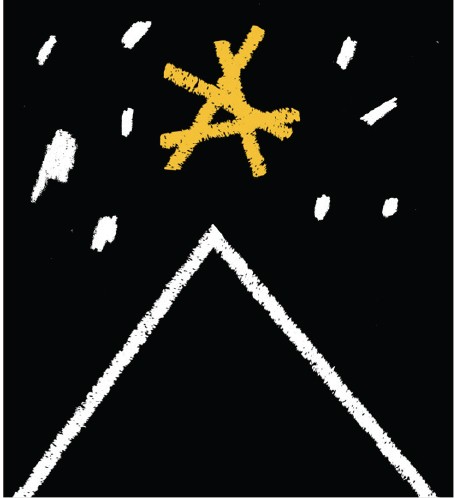 Black background with white lines of an acute triangle and small stars. A gold large star