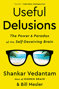  Useful Delusions - black glasses on a yellow background. Inside the lenses a tropical paradise can be seen.