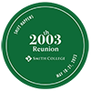 Green circle with white text reading "Shift Happens: 2003 Reunion, Smith College, May 18–21, 2023"
