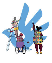 Illustration of three figures painting the human rights logo. One is on a ladder, one in a wheelchair and one standing