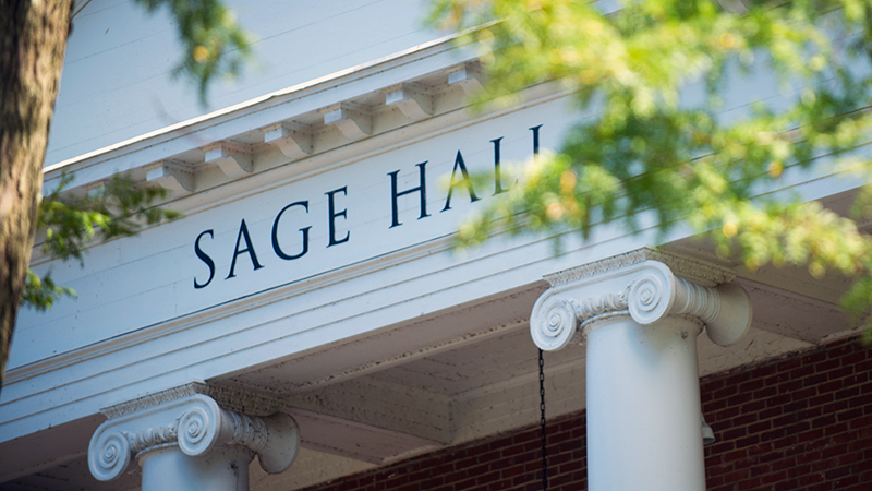 Close-up of the lettering on Sage Hall