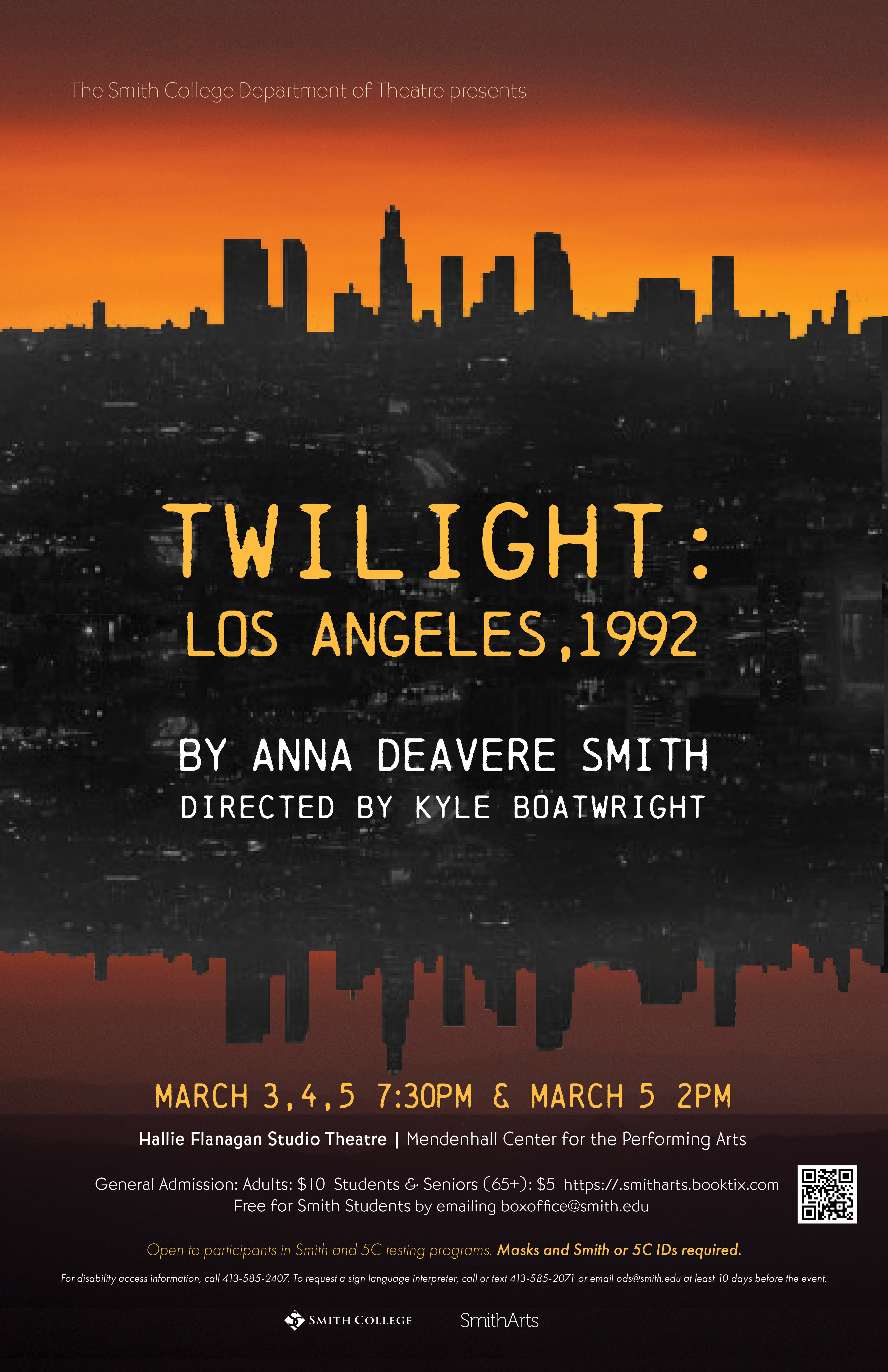 Twilight: Los Angeles, 1992 by Anna Deavere Smith in Hallie Flanagan Studio Theater on March 3, 4, 5 at 7:30 p.m., 2 p.m. matinee on March 5. Tickets required.