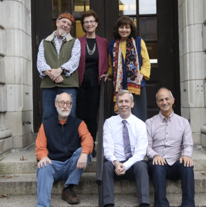 Religion faculty on Seelye Hall steps in fall 2019