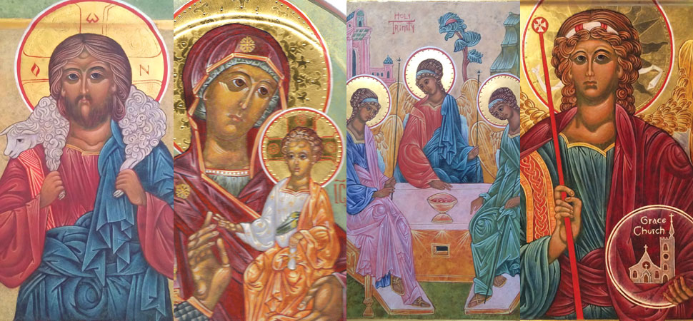 icons by Sandy Lillydahl: The Good Shepherd, Hodegetria, the Trinity, the Archangel Michael as the Patron saint of Grace Episcopal Church in Amherst Massachusetts
