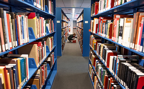 book shelves in the Hillyer Library