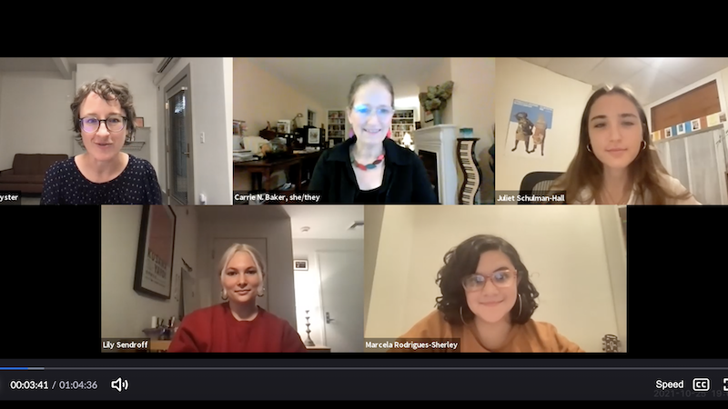 Screenshot of a Zoom meeting on public voices with students and Carrie Baker