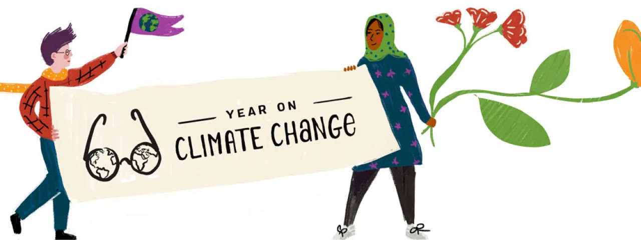 Illustration of two students holding a banner saying Year on Climate Change