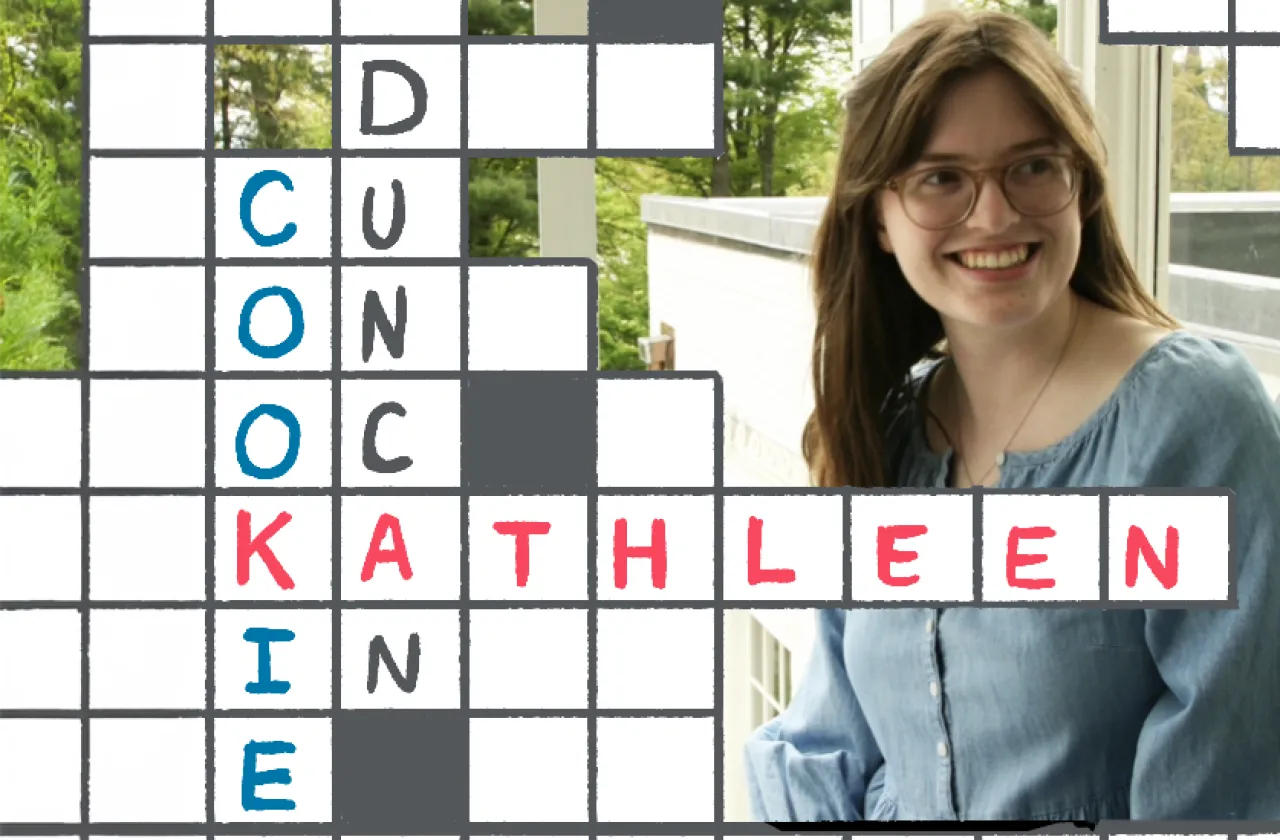 An image of Kathleen Cookie Duncan with a crossword grid overlaid on it