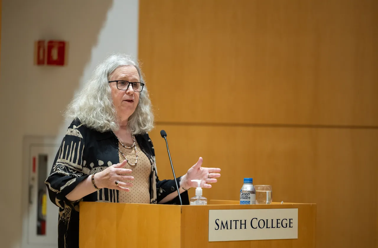 Admiral Rachel Levine speaks at a podium during a recent colloquium.