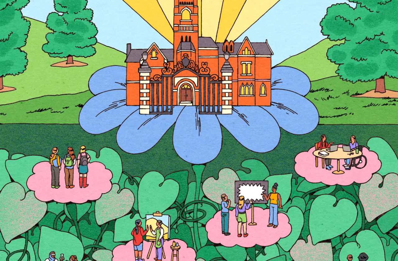 A colorful illustration of College Hall, with groups of students floating nearby on pink clouds.