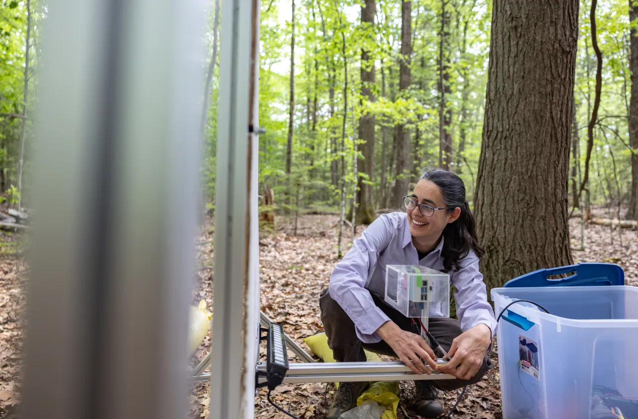 Professor Mariana Abarca poses near her moth monitoring device in a woodsy spot at MacLeish Field Station