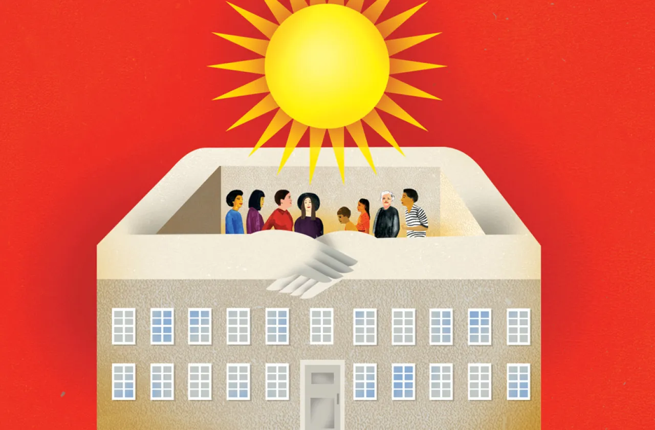 Illustration of a school building embracing a diverse group of people under a bright yellow sun