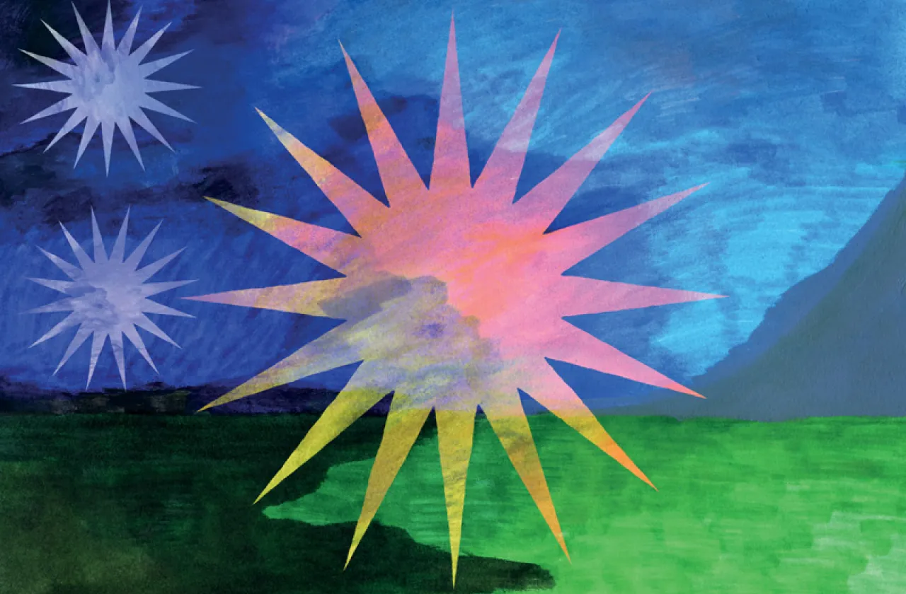 Marker illustration of a large pink and yellow starburst dividing day and night